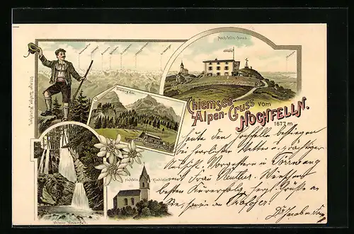 Vorläufer-Lithographie Hochfelln-Haus, 1895, Hochfelln-Kirchlein, Brünling-Alm