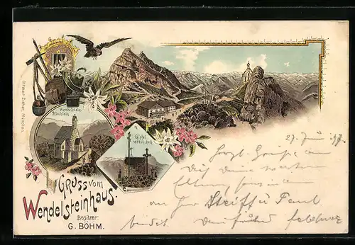 Lithographie Ansicht vom Wendelsteinhaus, Wendelstein-Kirchlein, Gipfel