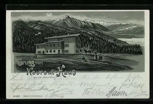 Lithographie Neureut-Haus, Gäste vor der Berghütte und Blick ins Land
