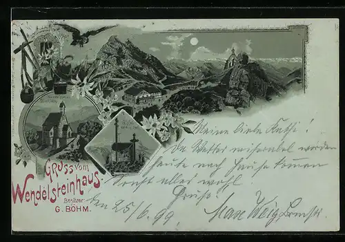 Lithographie Wendelsteinhaus, Kirchlein und Gipfel