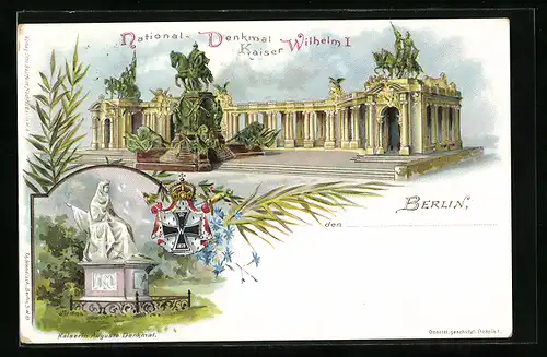 Lithographie Berlin, National-Denkmal Kaiser Wilhelm I. Kaiserin Auguste Denkmal, Ganzsache