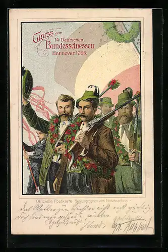 Lithographie Hannover, 14. Deutsches Bundesschiessen 1903, Zug der Schützen, Ganzsache