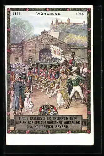 Künstler-AK Würzburg, Feierlicher Einzug bayerischer Truppen 1814, Ganzsache Bayern