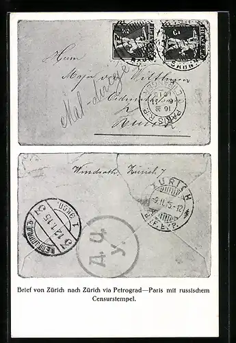 AK Zürich, Briefmarken-Ausstellung 1915, Brief mit russischem Censurstempel, Ganzsache