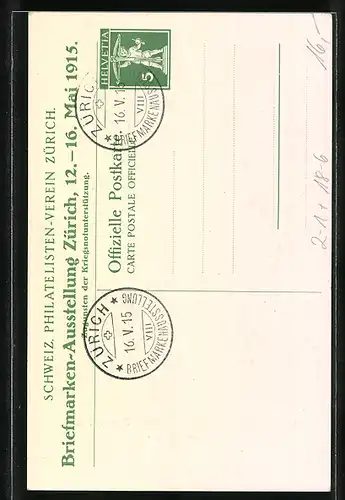 AK Zürich, Briefmarken-Ausstellung 1915, Brief mit russischem Censurstempel, Ganzsache