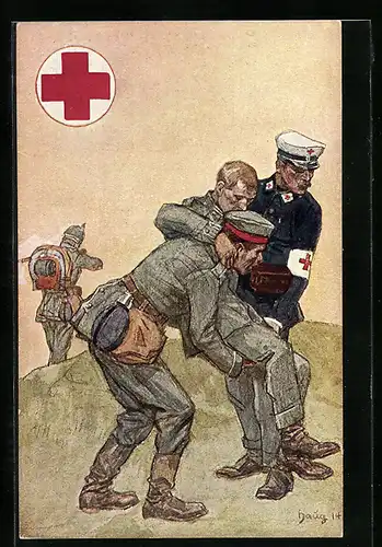 Künstler-AK Sanitäter tragen Verletzten, Rotes Kreuz, Ganzsache