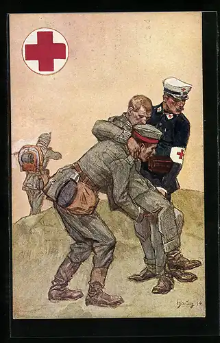 Künstler-AK Sanitäter tragen Verwundeten, Rotes Kreuz, Ganzsache