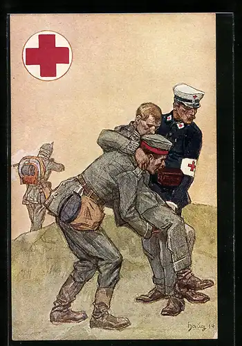 Künstler-AK Sanitäter tragen Verwundeten, Rotes Kreuz, Ganzsache