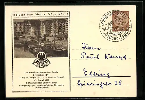 AK Königsberg, Deutsche Ostmesse & 2. philat. Ostlandtagung 1937, Ganzsache