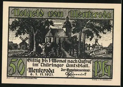 Notgeld Menteroda 1921, 50 Pfennig, Besenbinderei 16.-17. Jhd.