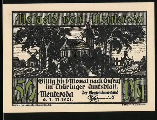 Notgeld Menteroda 1921, 50 Pfennig, Kapelle, Ackerbau 19.-20. Jhd.