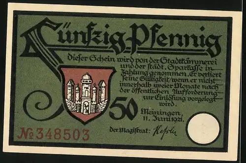 Notgeld Meiningen 1921, 50 Pfennig, Das Lied vom Hütes mit Darstellungen