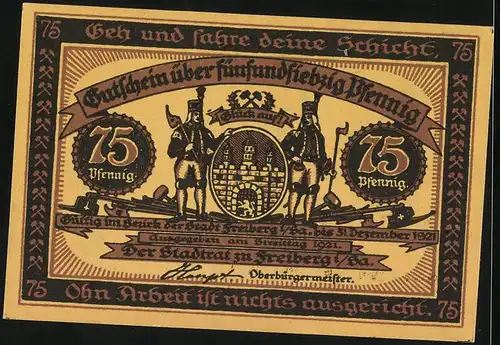 Notgeld Freiberg i. Sa. 1921, 75 Pfennig, Wappen und Bergbauarbeiter auf dem Weg zur letzten Schicht