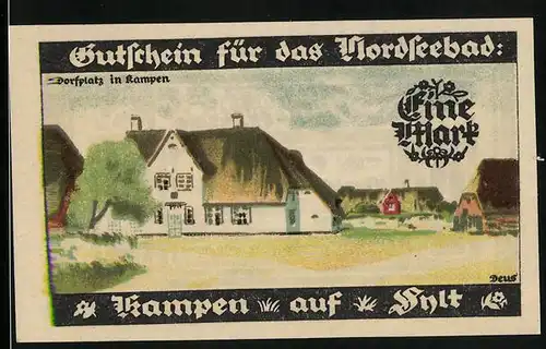 Notgeld Kampen auf Sylt 1921, 1 Mark, Partie am Dorfplatz