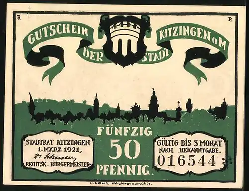 Notgeld Kitzingen a. M. 1921, 50 Pfennig, die Stadtkasse ist leer