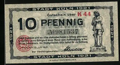 Notgeld Köln 1921, 10 Pfennig, J. v. Werth, Jan und Griet - Heimkehr
