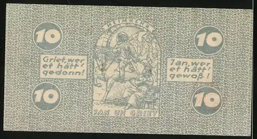 Notgeld Köln 1921, 10 Pfennig, J. v. Werth, Jan und Griet - Heimkehr