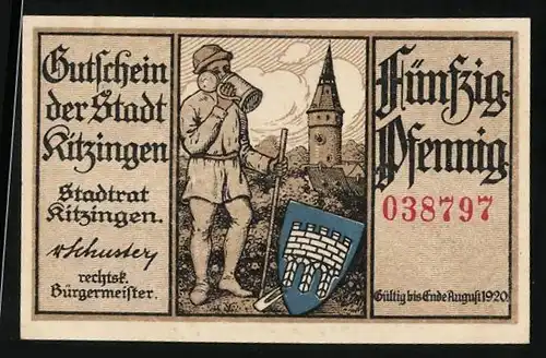 Notgeld Kitzingen 1920, 50 Pfennig, Wappen und Bauer mit einem Krug Bier, Ortsansicht
