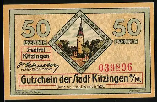 Notgeld Kitzingen 1920, 50 Pfennig, Falterturm, Brunnenanlage, Bäuerin und Hamsterer