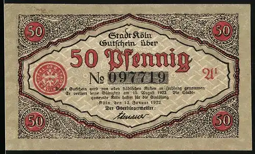 Notgeld Köln 1922, 50 Pfennig, Soldat beim Stricken an einem Vogelkäfig, Windmühle