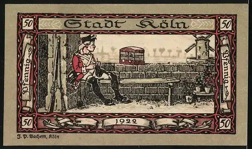 Notgeld Köln 1922, 50 Pfennig, Soldat beim Stricken an einem Vogelkäfig, Windmühle