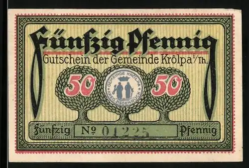 Notgeld Krölpa i. Th. 1921, 50 Pfennig, Wappen, Pinsenberg, Schloss Brandenstein, Burg Ranis