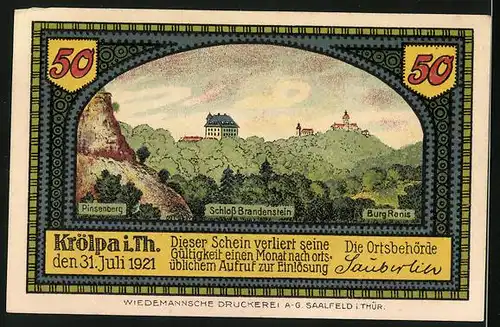 Notgeld Krölpa i. Th. 1921, 50 Pfennig, Wappen, Pinsenberg, Schloss Brandenstein, Burg Ranis