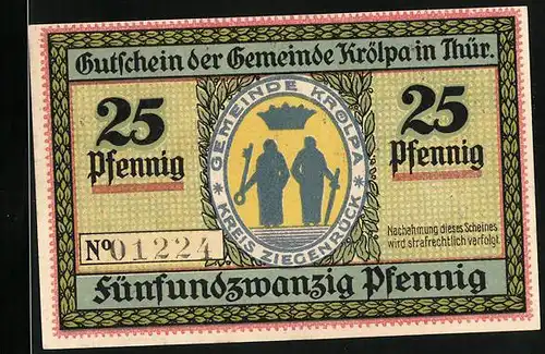 Notgeld Krölpa i. Th. 1921, 25 Pfennig, Wappen, Fruchtbäume vor einem Portal