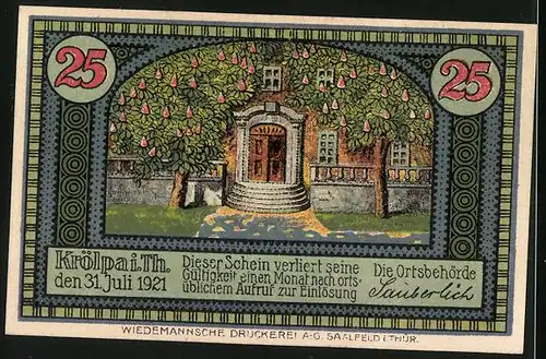 Notgeld Krölpa i. Th. 1921, 25 Pfennig, Wappen, Fruchtbäume vor einem Portal