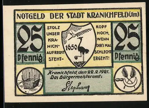 Notgeld Kranichfeld 1921, 25 Pfennig, Wappen, Ortsansicht mit Schloss und Burg