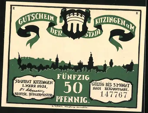 Notgeld Kitzingen a. M. 1921, 50 Pfennig, Vater der Stadt beratschlagt die Bürger