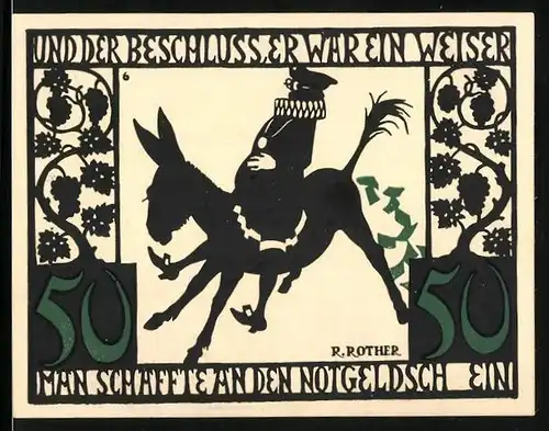Notgeld Kitzingen a. M. 1921, 50 Pfennig, Ein Esel `produziert` Notgeldscheine