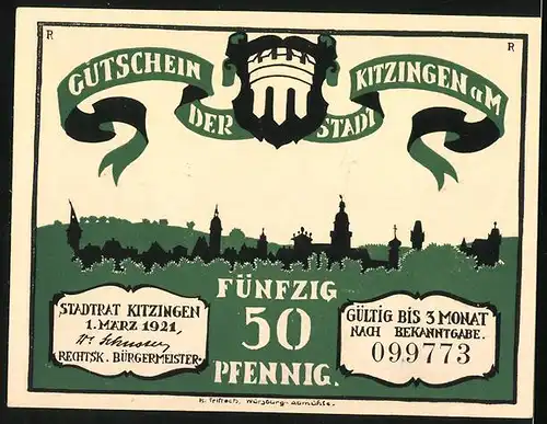 Notgeld Kitzingen a. M. 1921, 50 Pfennig, Ein Esel `produziert` Notgeldscheine