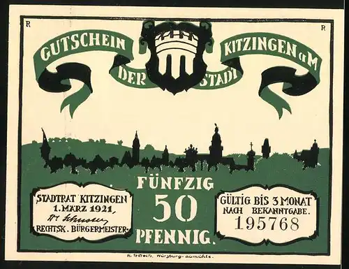 Notgeld Kitzingen a. M. 1921, 50 Pfennig, der Stadtrat stimmt für Veränderungen