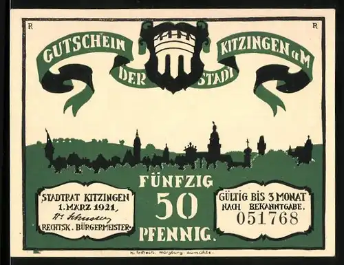 Notgeld Kitzingen a. M. 1921, 50 Pfennig, Die Stadtkasse ist leer