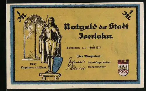 Notgeld Iserlohn 1921, 1 Mark, Graf Engelbert v. d. Mark, Moritz Schulte