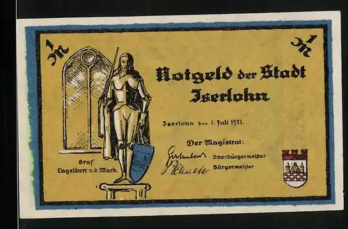 Notgeld Iserlohn 1921, 1 Mark, Graf Engelbert v. d. Mark, Käbbelgasse