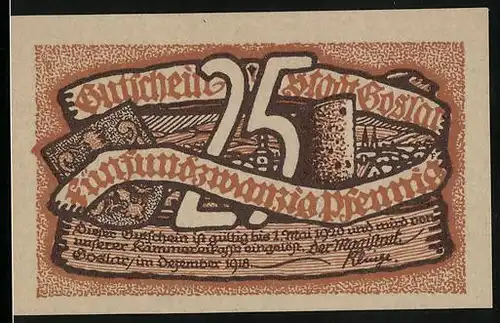 Notgeld Goslar 1918, 25 Pfennig, Wappen und Turm