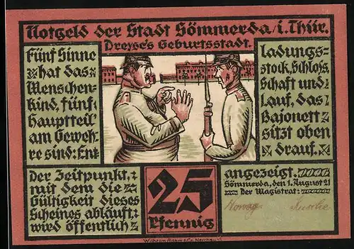 Notgeld Sömmerda i. Thür. 1921, 25 Pfennig, Kommandant unterrichtet Soldat über den Aufbau des Gewehrs, Ortsansicht