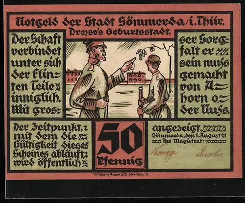 Notgeld Sömmerda i. Thür. 1921, Kommandant erklärt Soldat die Wichtigkeit des Schafts, Rathaus, Wenigensömmersches Tor