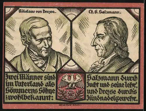 Notgeld Sömmerda i. Thür. 1921, Soldat übt mit dem Bajonett, Nikolaus von Dreyse, Ch. G. Salzmann