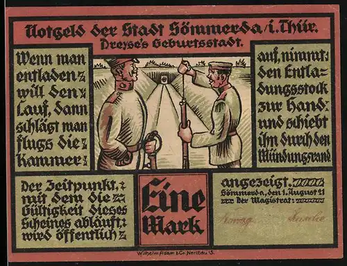 Notgeld Sömmerda i. Thür. 1921, 1 Mark, Kommandant erklärt Soldat das Laden, Rheinmetall, Martiniwerke
