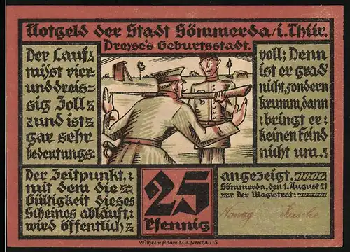 Notgeld Sömmerda i. Thür. 1921, 25 Pfennig, Kommandant erklärt Soldat den Lauf, Kirch und Stadttor