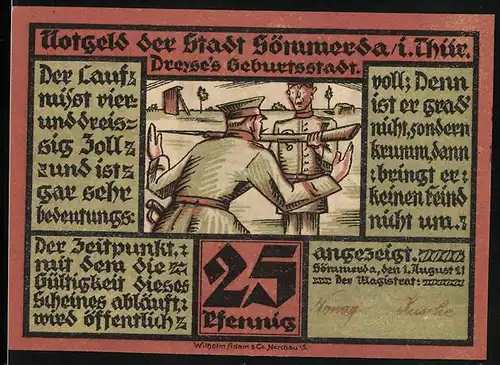 Notgeld Sömmerda i. Thür. 1921, 25 Pfennig, Kommandant erklärt Soldat den Lauf