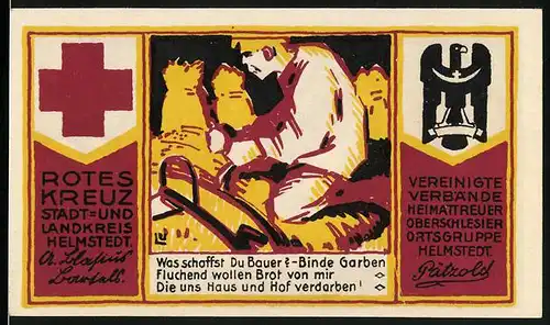 Notgeld Helmstedt 1921, 1,50 Mark, Bauer bindet Garben, Haus in Trümmern