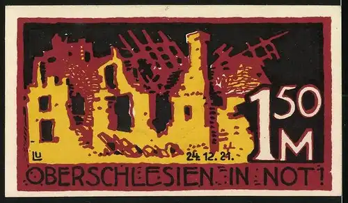 Notgeld Helmstedt 1921, 1,50 Mark, Bauer bindet Garben, Haus in Trümmern