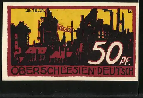 Notgeld Helmstedt 1921, 50 Pfennig, Bauer bearbeitet sein Feld, Industriestadt-Silhouette