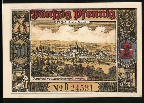Notgeld Butzbach 1921, 50 Pfennig, Ortsansicht im 17. Jhd., Landgraf Phillipp von Butzbach