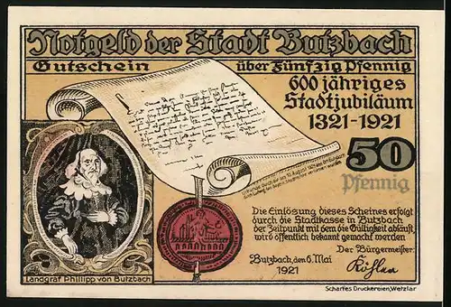 Notgeld Butzbach 1921, 50 Pfennig, Ortsansicht im 17. Jhd., Landgraf Phillipp von Butzbach