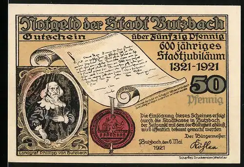 Notgeld Butzbach 1921, 50 Pfennig, Solmser Schloss (Amtsgericht)